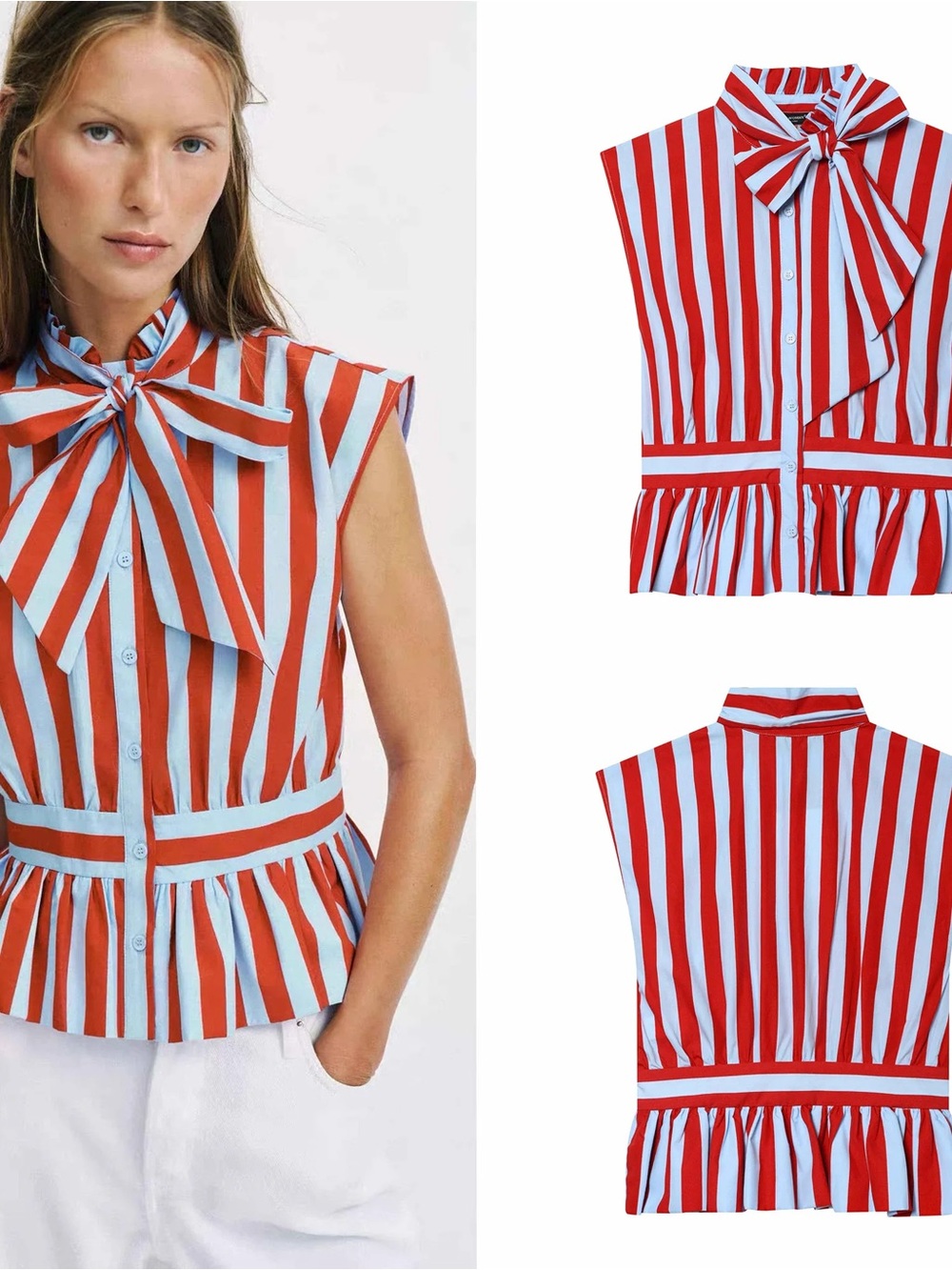 Zara Sleeveless Bow-Tie Striped Peplum Top - Light Blue & Red